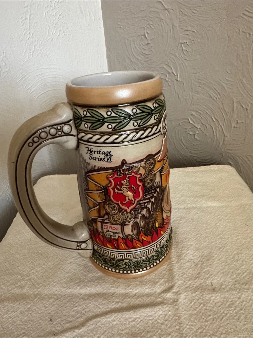 Decorative Ceramic Stein in Tan and Red